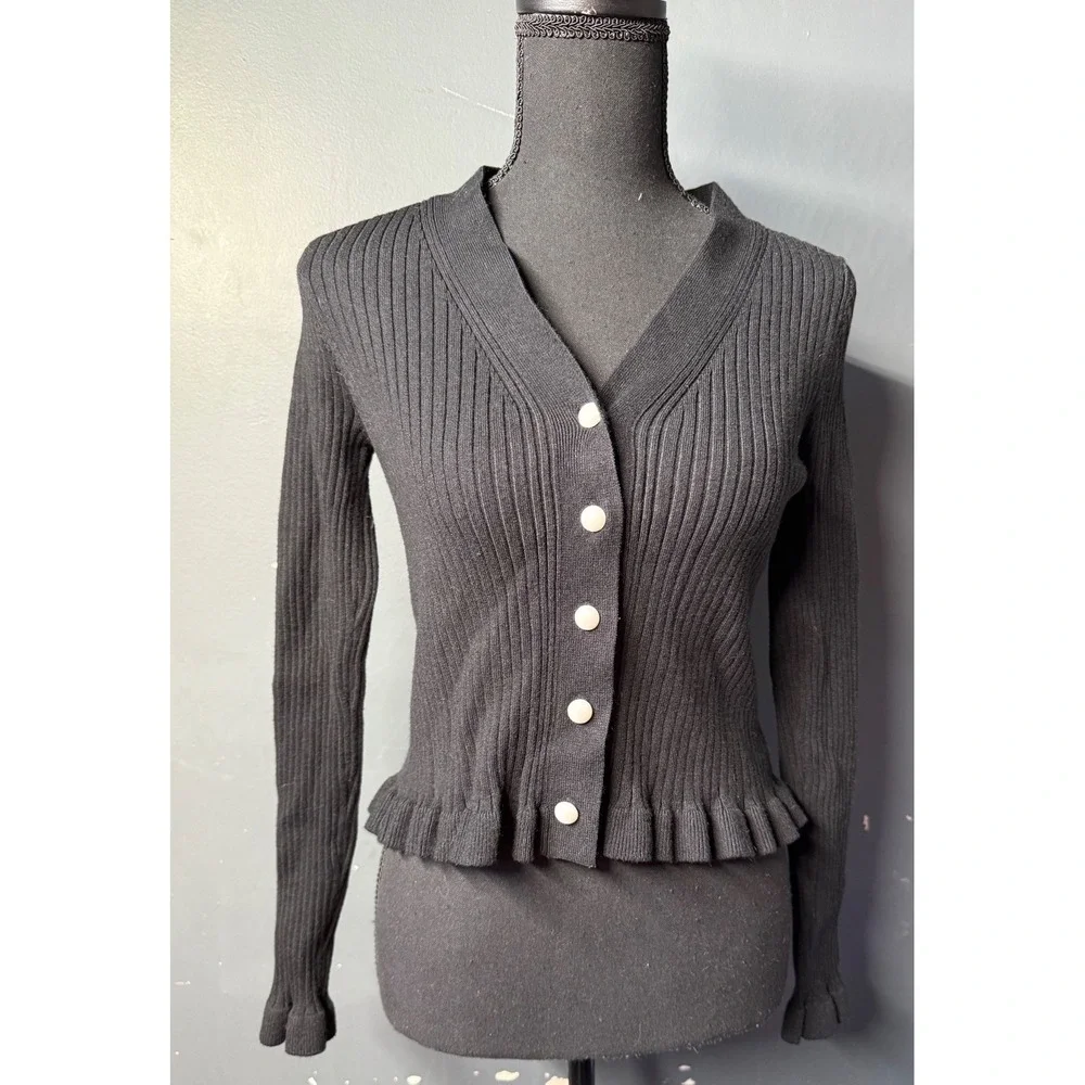 Commense Black Ribbed Peplum Cardigan Ruffle Cuff Button Front V-Neck Large - Picture 1 of 8